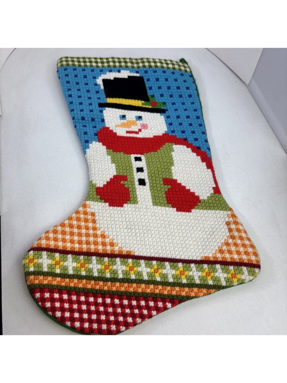 Vintage Needlepoint Christmas Snowman Stocking 19” Lined